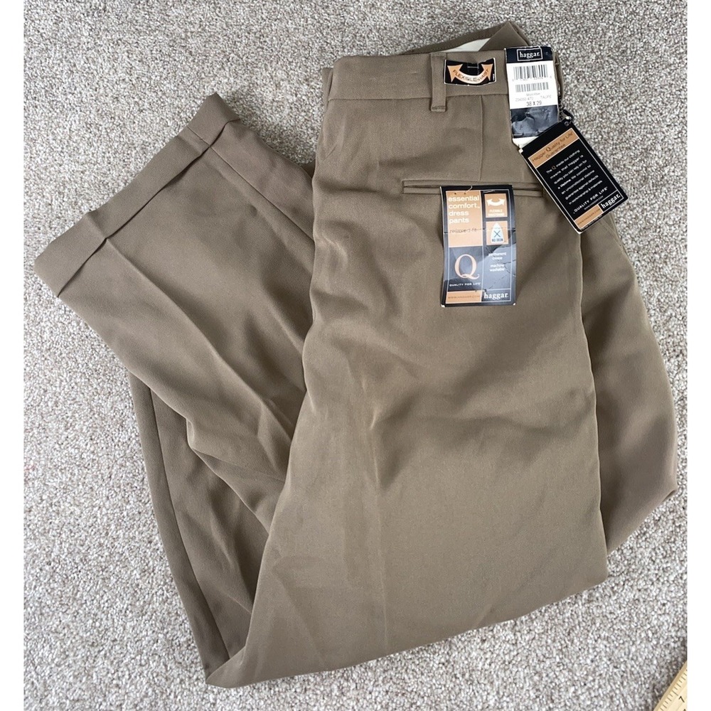 Haggar Flexible Waist Microfiber Non Iron Pleated Pants Mens 38x29 Taupe Preppy